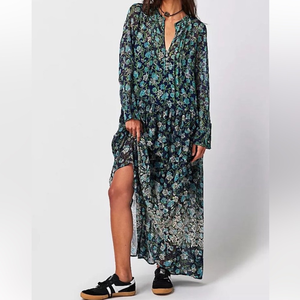 FREE PEOPLE See Through It Maxi Dress, Blue/Green Floral Print ⭐️ NWT